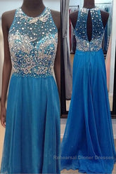 High Neck See Through O Back Dark Blue Chiffon Long Open Back Beaded Crystal A Line Bodice Sexy Semi Formal Dress